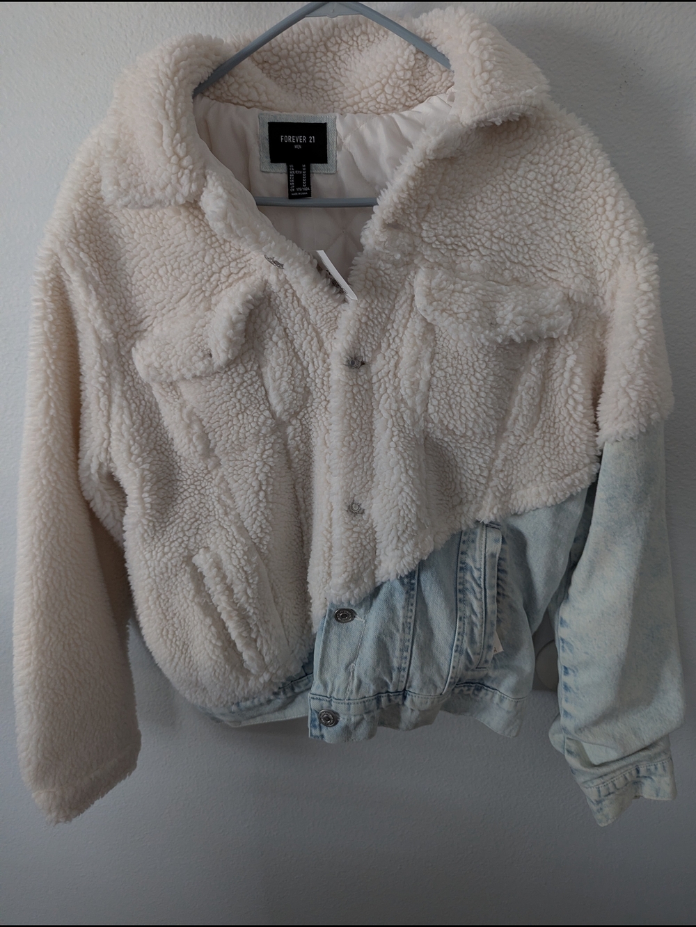 Forever 21 Cream Sherpa and Light Blue Denim Hybrid Jacket
